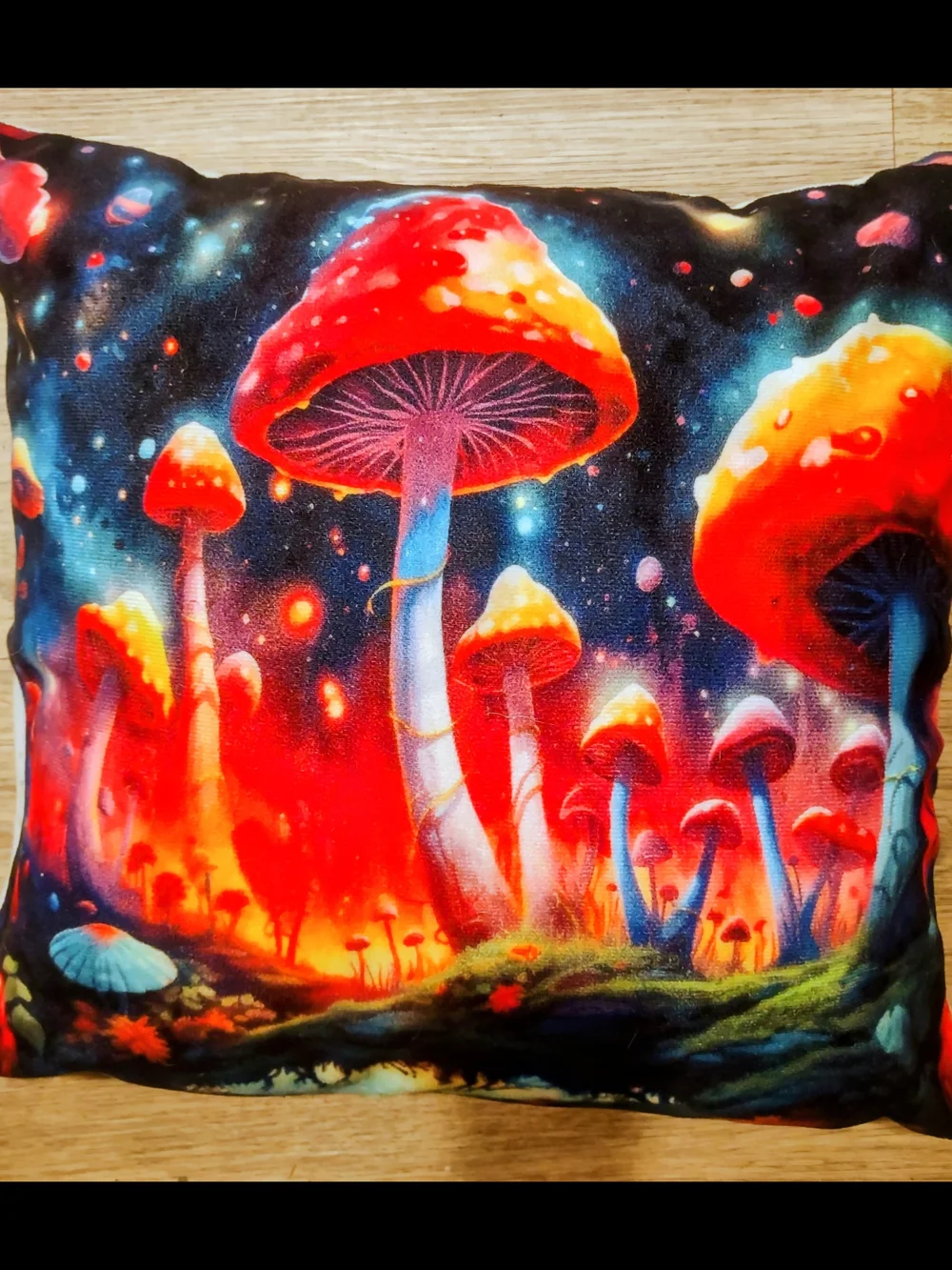 Vibrant Red & Blue Mushroom Print Decorative Pillow - Home Accents
